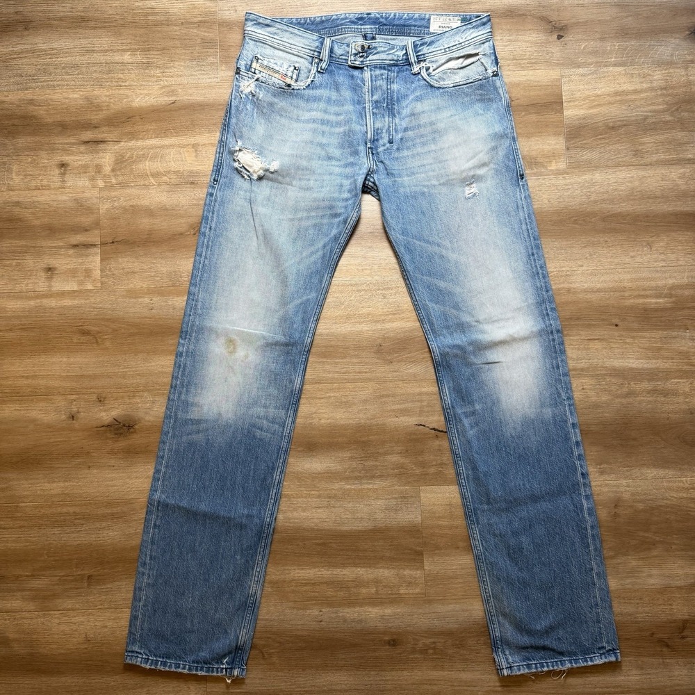 Diesel Riang Jeans Men 33x34 Blue Straight Leg Light Wash Destroyed Italy 008A2
